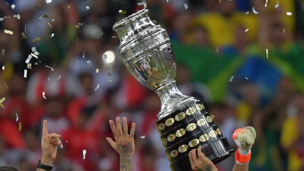 Brazil’s players raise the trophy after winning the 2019 Copa America by defeating Peru in the final at the Maracana Stadium in Rio de Janeiro. Photograph: Luis Acosta /AFP via Getty Images