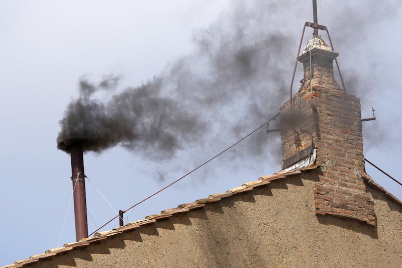 No habemus papam as black smoke comes from the chimney of the Sistine Chapel this morning. Photograph: Christopher Furlong/Getty Images