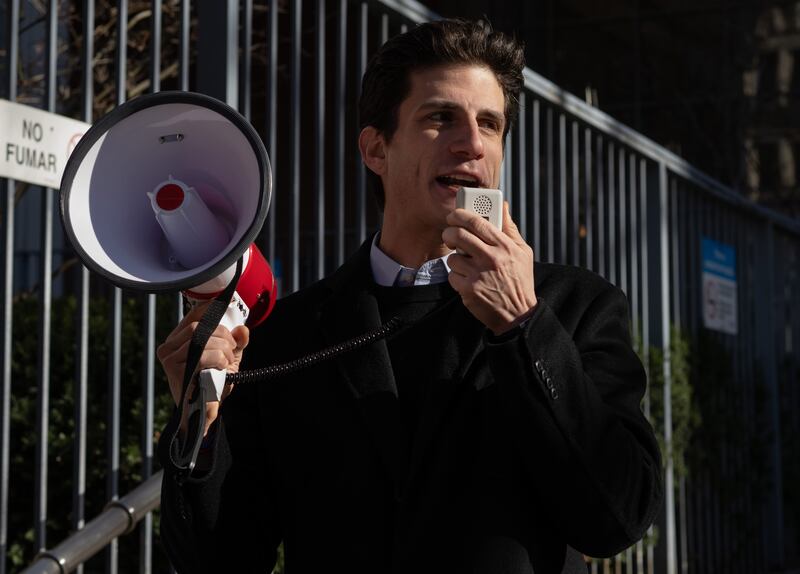 Jack Schlossberg speaks to members of the New York State Nurses Association before joining the picket line in support of nurses last January. Photograph: Edna Leshowitz/Getty Images