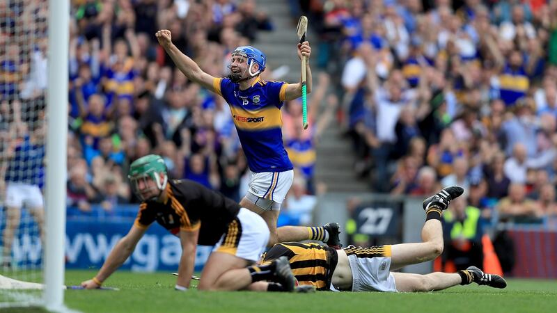 John McGrath celebrates scoring a goal for Tipperary against Kilkenny in the 2016 All-Ireland win over Kilkenny.  Photograph: Donall Farmer/Inpho