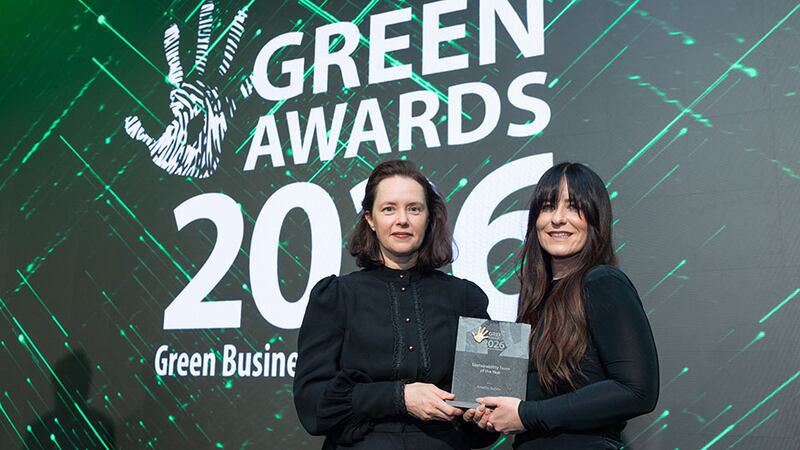 Jennifer Boyer, awards judge, presents the sustainability team of the year to Louise Gorman, Astellas Dublin