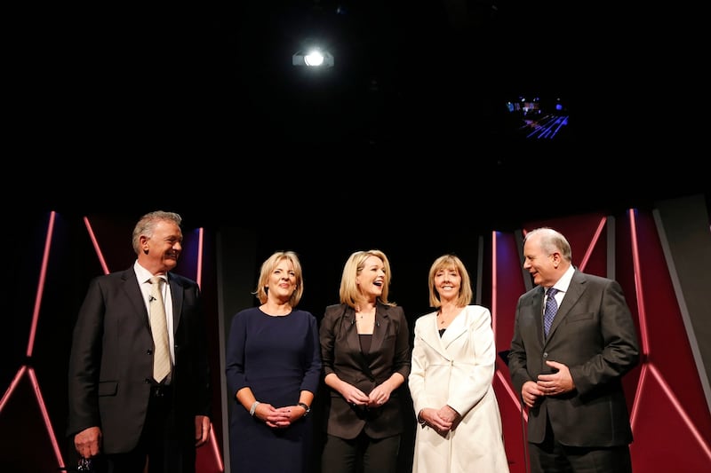 Presidential debate: Claire Byrne with Peter Casey, Liadh Ní Riada, Joan Freeman and Gavin Duffy, who were candidates in last year’s election. Photograph: Nick Bradshaw