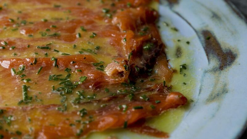 Marinaded salmon in sweet wine with green peppercorns Photograph:  Emma Jervis
