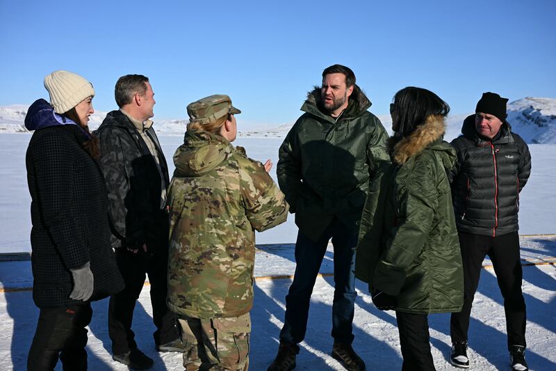 US vice president JD Vance (third right) and second lady Usha Vance (second right) tour the US military's Pituffik Space Base in Greenland in March. Photograph: Jim Watson/AFP via Getty Images        