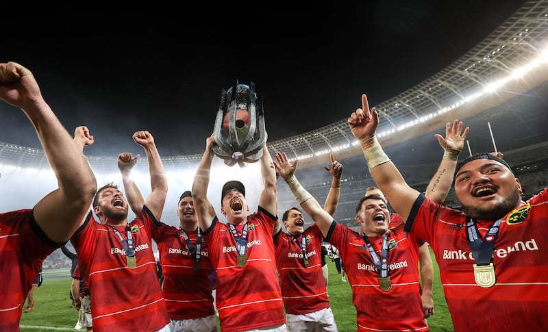 Munster’s Jean Kleyn, Shane Daly, Ben Healy, Antoine Frisch, Calvin Nash and Roman Salanoa celebrate after their triumph over Stormers in the URC final in Cape Town on May 27th. Photograph: James Crombie/Inpho