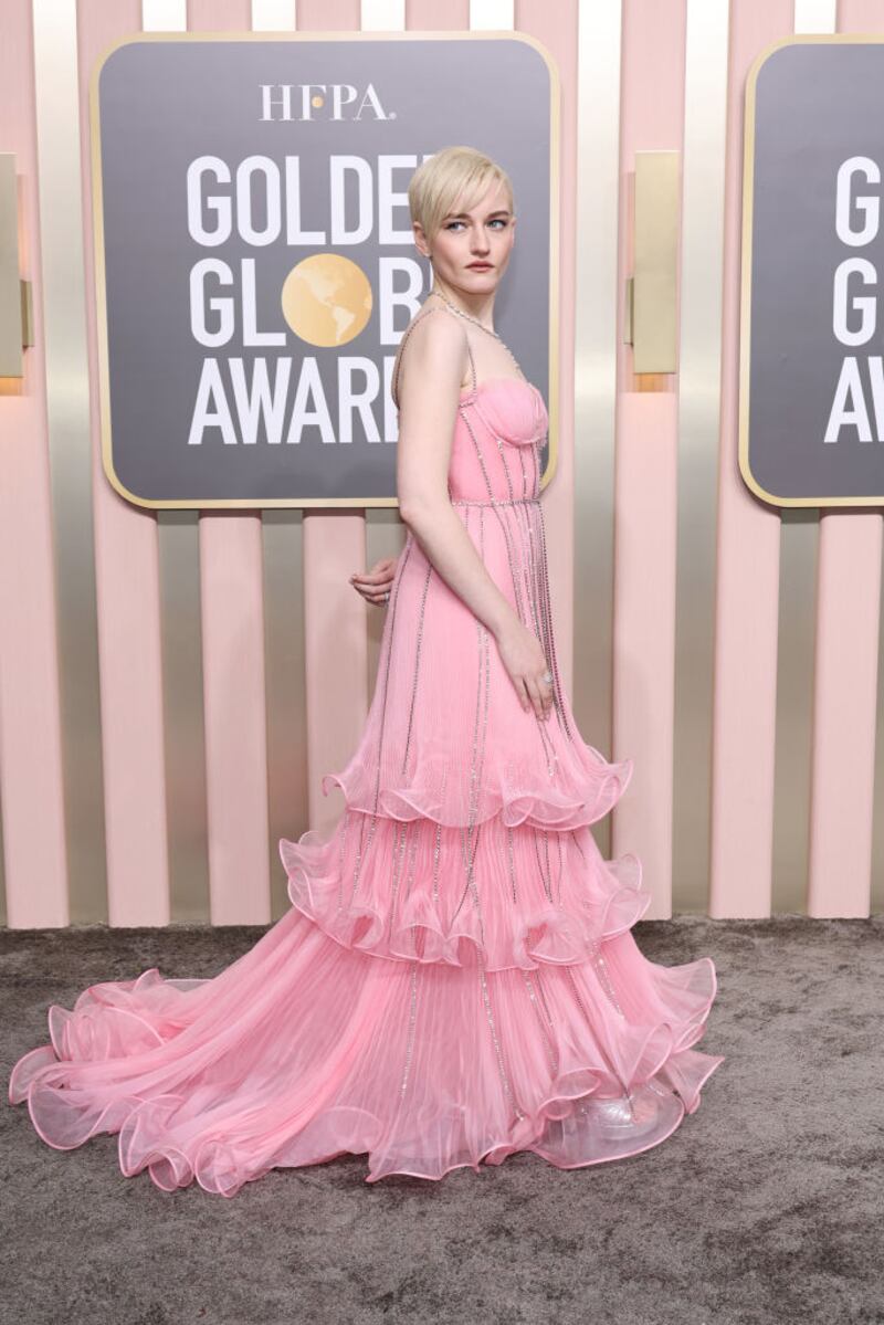 Julia Garner, who won for best actress in a supporting role in a television series for Ozark and best actress in a limited series, anthology series or motion picture made for television for Inventing Anna, wearing Gucci. Photograph: Amy Sussman/Getty Images