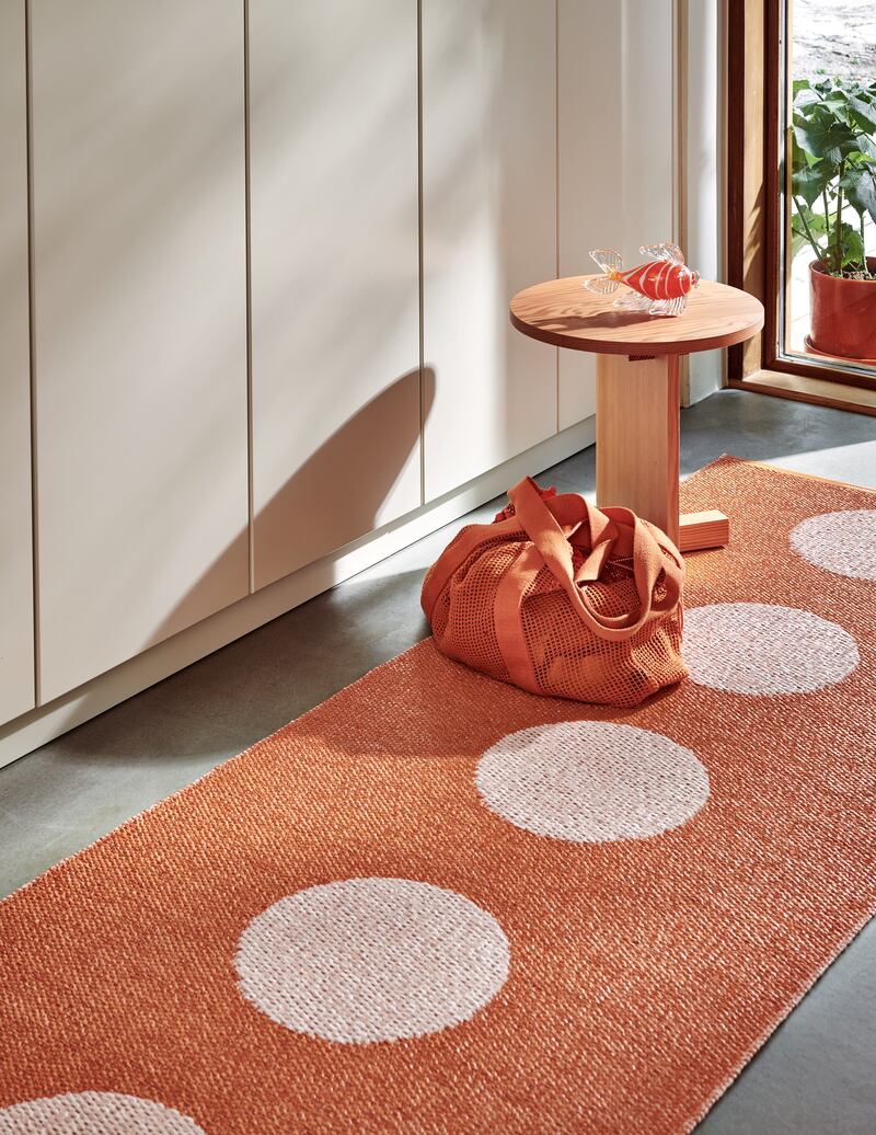 Pappelina’s South Beach collection includes this guava and candyfloss pink Vera Pop runner, a machine washable rug made of PVC and polyester, 70cm by 200cm, and is suitable for indoor and outdoor use. (Cost €215, ex delivery) Pappelina.com