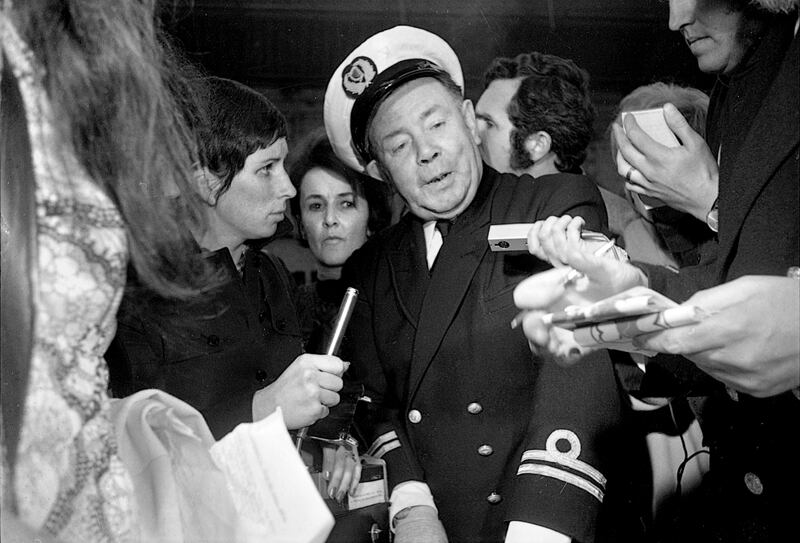 A customs officer at Connolly Station Dublin questions members of the Women’s Liberation Movement on their return from Belfast on  May 22nd, 1971.  Photograph: Eddie Kelly