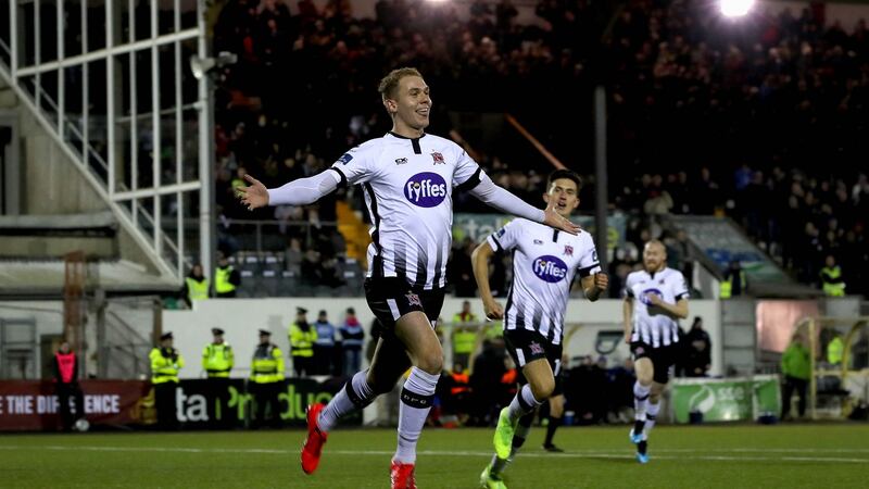 Dundalk’s Georgie Kelly celebrates scoring his side’s first goal   in the Unite the Union Champions Cup second leg against Linfield at  Oriel Park. Photograph: Ryan Byrne/Inpho