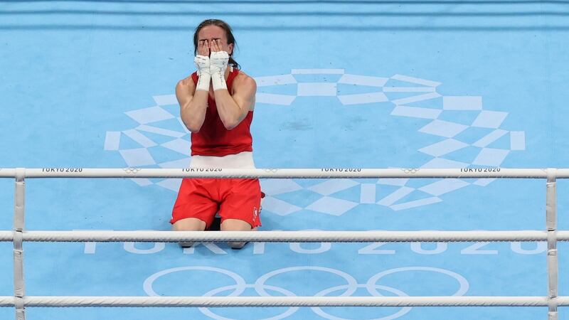 Kellie Harrington celebrates winning Olympic gold in Tokyo. She hopes to defend her title at Paris 2024. Photograph: Julian Finney/Getty Images