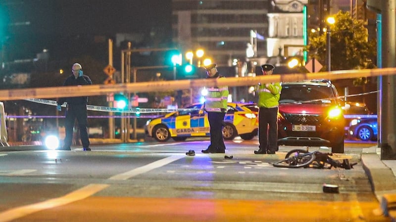 A bicycle lies on the ground  of a suspected hit-and-run on North Wall Quay in Dublin city centre late on Monday. Brazilian man Thiago Osorio Cortes was fatally injured in the incident. Photograph: Damien Storan.