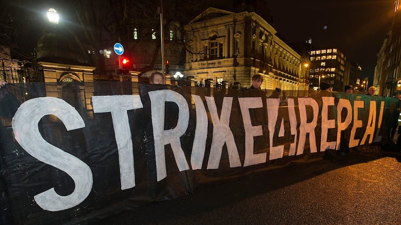 Demonstrators at a rally organised by the Strike4Repeal group outside the Dail on Wednesday. Photograph: Dave Meehan