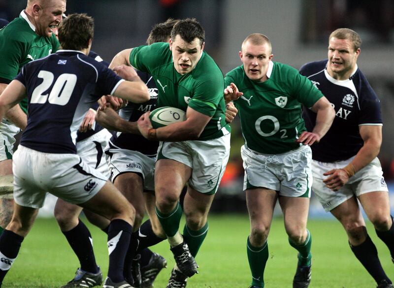 Cian Healy tries to blast through Scotland's defence in the 2010 Six Nations. Photograph: Eric Luke