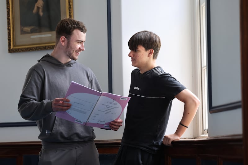 Oisín Burke and Vlad Dumitre following Maths paper two at Marian College. Photograph: Dara Mac Dónaill