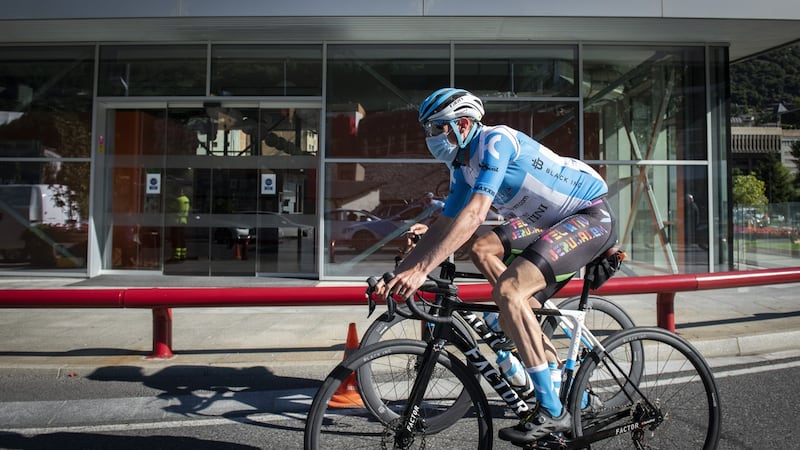 Dan Martin wears a facemask during a training camp in Andorra. Photograph:  Noa Arnon/Israel Cycling Academy