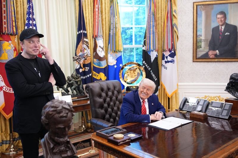 Elon Musk with US president Donald Trump during a joint news conference after Musk announced his departure from his role as a special government employee. Photograph: Haiyun Jiang/New York Times