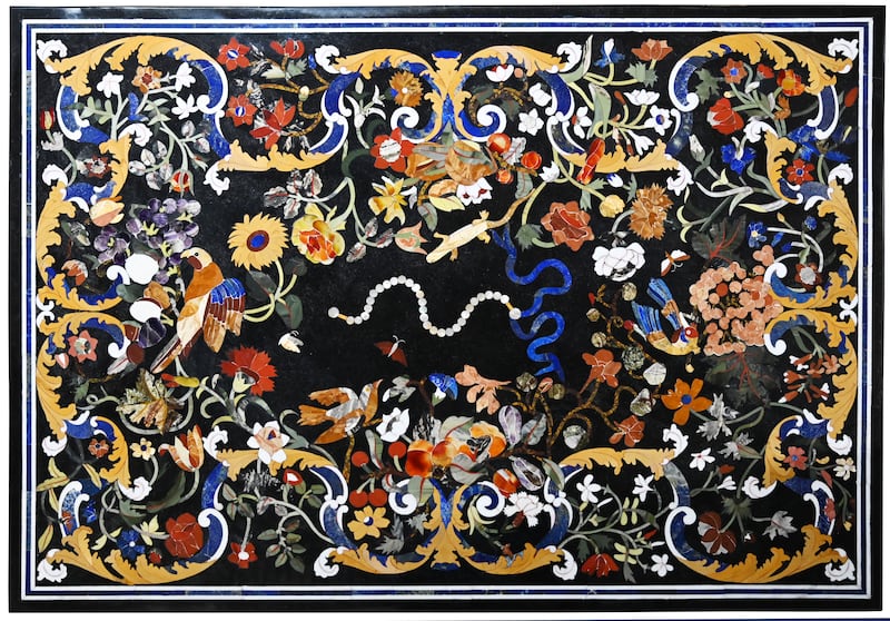 Italian style marquetry table top with inset lapis lazuli, jasper, agate, amethyst and other semi-precious stones