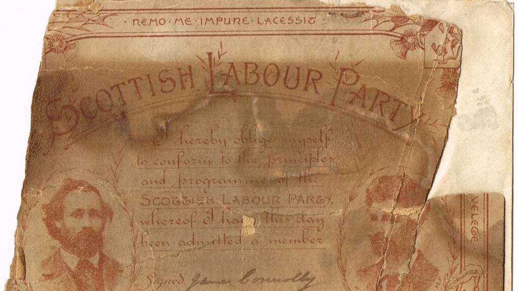 James Connolly’s Scottish Labour Party membership  card is  described as “in need of restoration” by a paper conservator