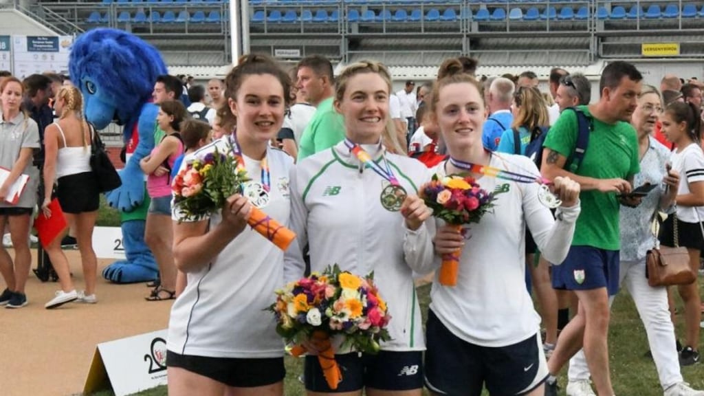 Eilidh Prise, Natalya Coyle and Sive Brassil celebrate with their silver medals at the ECMP European Championships in Hungary. Photograph: Pentathlon Ireland