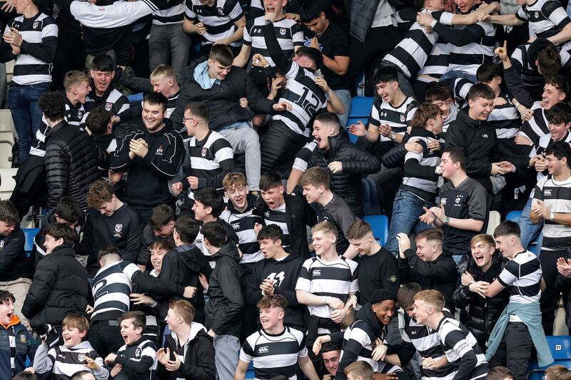 Belvedere College fans celebrate a try vs Clongowes Wood College. Photograph: Laszlo Geczo/Inpho