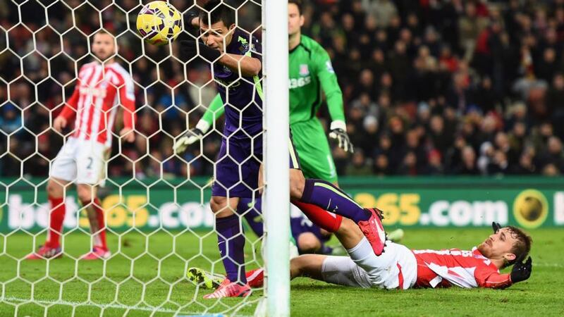 Manchester City’s Sergio Aguero  handles the ball across the line before having the goal disallowed  at Britannia Stadium. Photograph: Getty Images