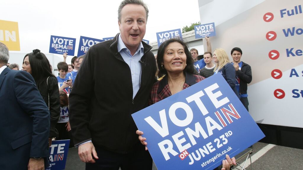 Britain’s prime minister David Cameron with a campaigner for Britain to remain in the EU, in London on Monday. Cameron may remember this referendum as the beginning of the end of a premiership that should have lasted quite a bit longer. Photograph: Yui Mok/AFP/Getty Images