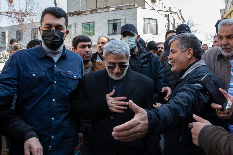 Brig Gen Esmail Ghaani (centre), commander in chief of the Quds Forces, the branch of the Islamic Revolutionary Guards Corps that oversees Iran’s proxies, at a funeral in Tehran earlier this month. Photograph: Arash Khamooshi/New York Times
                      