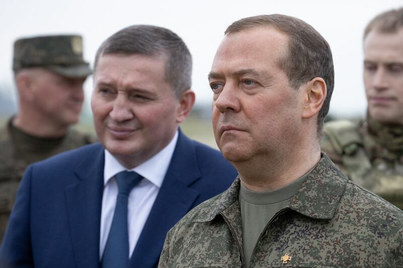 Russia's former leader Dmitry Medvedev (right) has said that Russia will not allow the Wagner mutiny to turn into a coup or a global crisis. Photograph: Yekaterina Shtukina/AFP/Getty Images