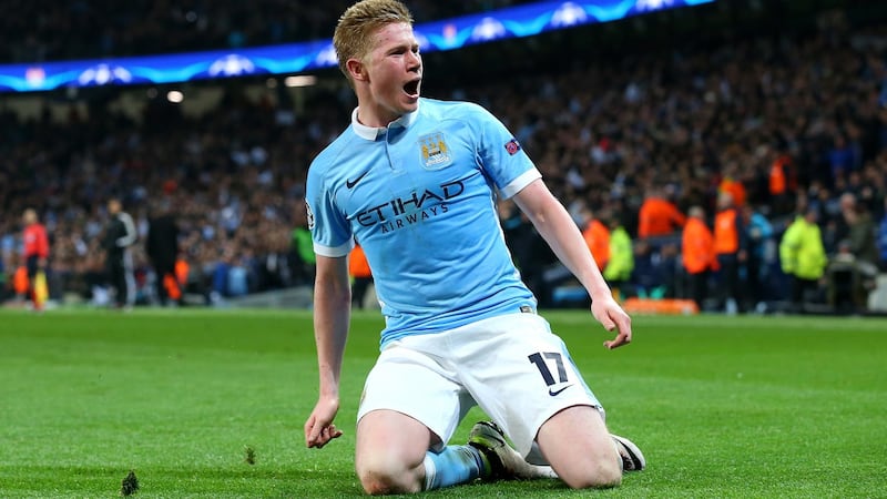 Manchester City’s Kevin De Bruyne celebrates scoring against Paris Saint-Germain in the Champions League. Photograph: Martin Rickett/PA Wire