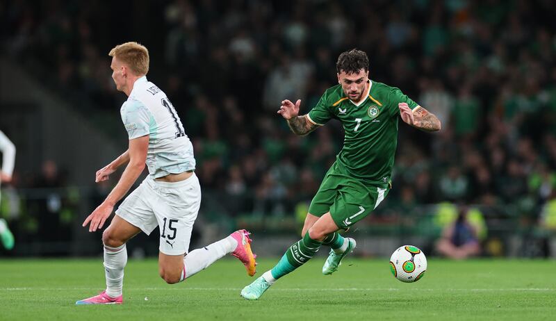 Troy Parrott in action for Ireland against Austria in Thursday's Nations League fixture at the Aviva Stadium. Photograph: Ryan Byrne/Inpho