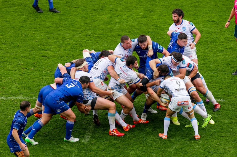 Leinster and the Bulls tussle for the ball during the URC Grand Final. Photograph: Laszlo Geczo/Inpho