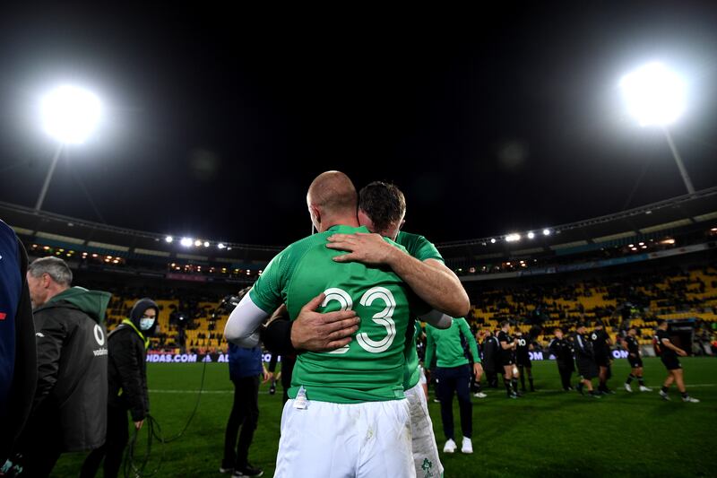 Keith Earls and Peter O'Mahony celebrate after beating New Zealand in Wellington in 2022. Photograph: Joe Allison/Getty Images