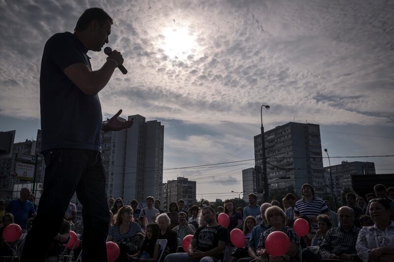  Alexei Navalny speaks in Moscow during his campaign for mayor in  2013.  Photograph: Sergey Ponomarev/New York Times           