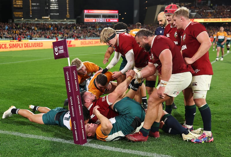 Ireland hooker Rónan Kelleher scores the Lions' seventh try against the AU/NZ XI. Photograph: Cameron Spencer/Getty Images