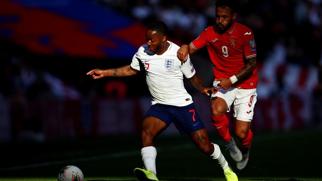 Raheem Sterling of England battles for possession with Wanderson of Bulgaria at Wembley. Photograph: Julian Finney/Getty Images