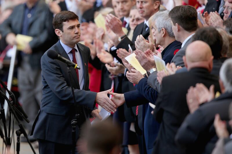 Andy Burnham, then shadow health secretary, at a memorial service marking the 25th anniversary in April 2014 of the Hillsborough disaster at Anfield. Photograph:  Christopher Furlong/Getty 