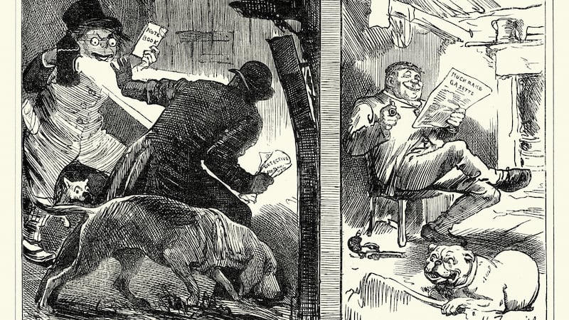 Political satire cartoon of about the police’s failure to catch ‘Jack the Ripper’ from ‘Punch’, 1888. Photograph: iStock
