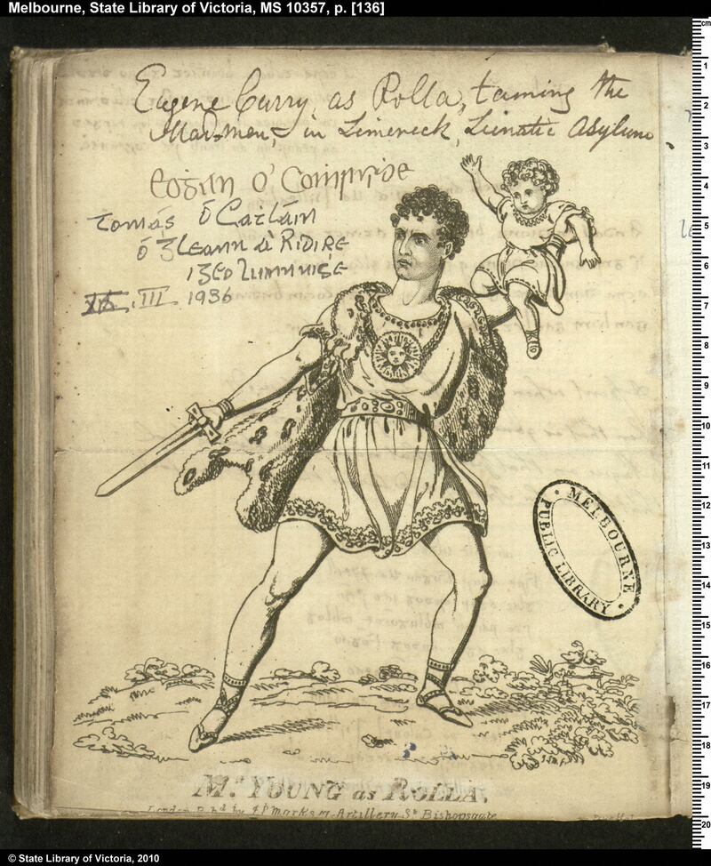 Eugene Curry, traditional 19th-century Irish-language scribe, imagined as Rolla (an Incan prince) in Roman dress, taming the madmen in Limerick Lunatic Asylum. Photograph: Irish Script on Screen