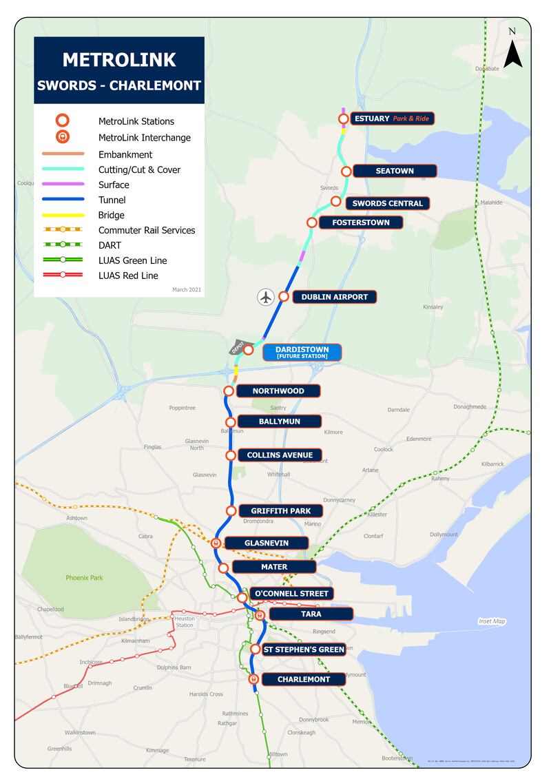 Map of the proposed Metrolink in July 2022 showing stations from Swords and Dublin Airport to Charlemont