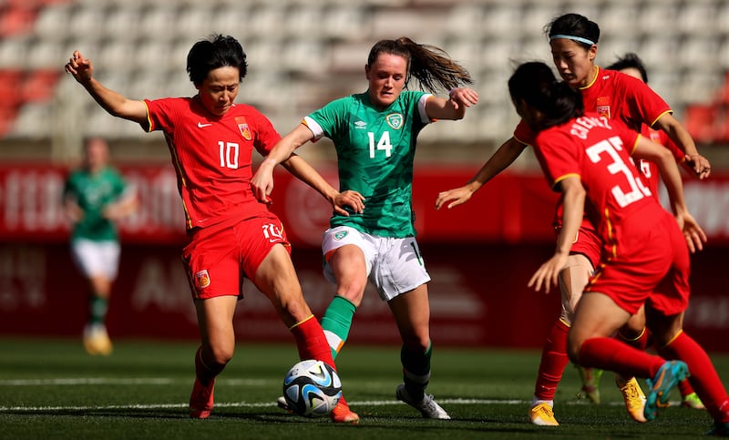 Ireland's Heather Payne challenges China’s Zhang Rui during the friendly international at Estadio Nuevo Mirador in Cadiz, Spain. Photograph: Ryan Byrne/Inpho