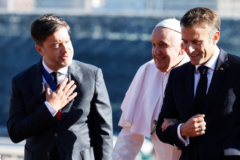 French president Emmanuel Macron, right, and mayor of Marseille Benoit Payan with Pope Francis. Photograph: Sebastien Nogier/Pool via AP