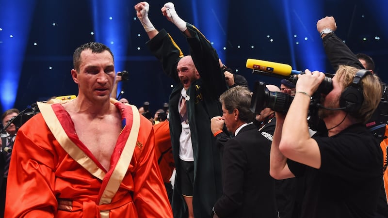 Fury celebrates after beating Klitschko in 2015. Photo: Lars Baron/Bongarts/Getty Images