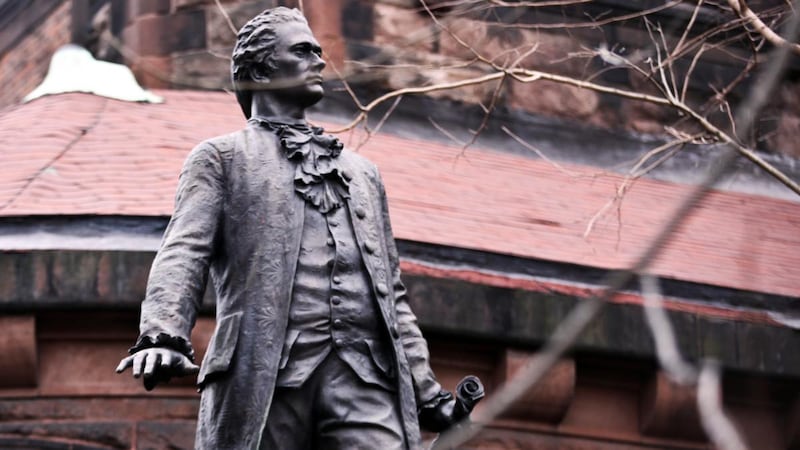 A statue of Alexander Hamilton on the grounds of St Luke's Episcopal Church in New York. Photograph: Byron Smith/The New York Times
