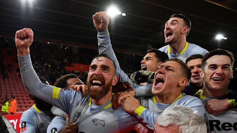 Richard Keogh and Derby County celebrate an FA Cup penalty shootout win over Southampton in January 2019. Photograph: Dan Mullan/Getty