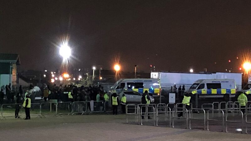 Fans gather outside Celtic Park to protest against manager Neil Lennon. Photograph: Gavin McCafferty/PA Wire
