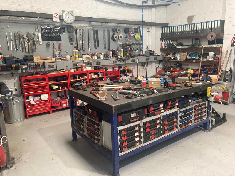 The repair area in the greenkeeping sheds at Royal County Down. Photograph: Paul Gallagher