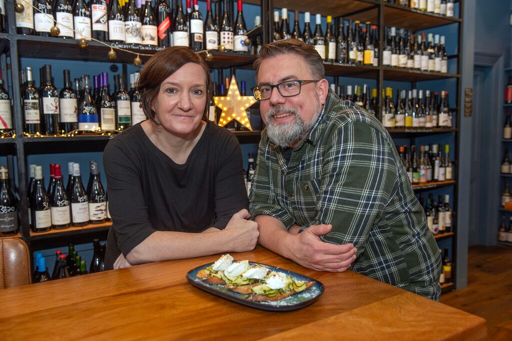Trudy Ahern and Sean Gargano of the Mac Curtain Wine Cellar, Cork, with a sharing plate of 'Nduja and dried tomato crostini with lemon, chillia nd garlic courgette.