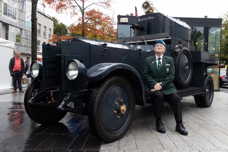 Liam Corcoran of the Cork United Nations Veteran Association sitting on the armoured car Sliabh na mBan that accompanied Michael Collins in Béal Na Bláth at the statue unveiling. Photograph: Darragh Kane