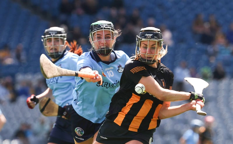 Dublin's Aoife McKearney and Katie Power of Kilkenny in the All-Ireland Senior Camogie Championship quarter-final in Croke Park on July 6th, 2024. Photograph: Bryan Keane/Inpho