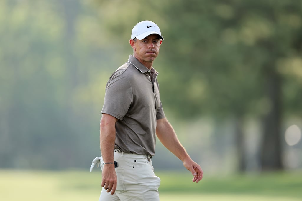 Rory McIlroy reacts to a missed putt on the 14th hole during the first round of the Masters at Augusta National Golf Club. Photograph: Michael Reaves/Getty Images